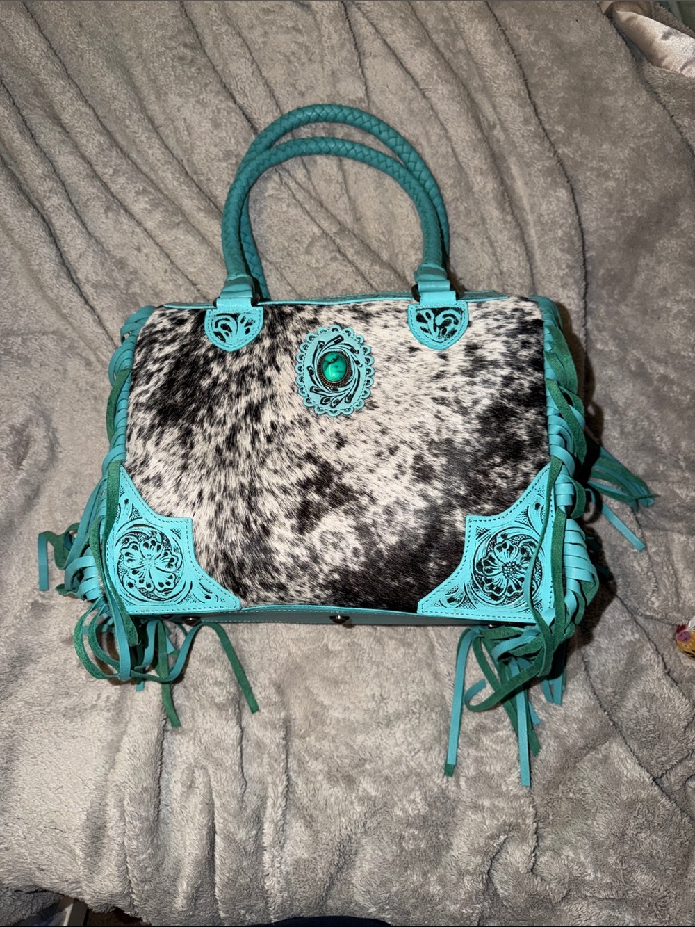 Turquoise Trim Hair-on-Hide Satchel Bag